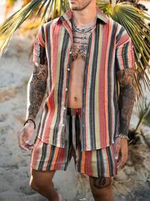 Manfinity RSRT Set de 2 piezas de camisa y pantalones cortos casuales con rayas de contraste para hombres, conjunto de ropa de playa para hombres