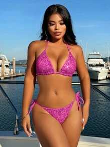 Swim Vcay 3 件套女士夏季沙滩装：亮片比基尼上衣、高腰系带下装、纯色网眼纱笼