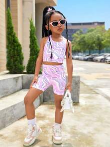 SHEIN 2pcs/Set Young Girl Cute & Wave Pattern Print Vest And Bike Shorts Sports Yoga Set