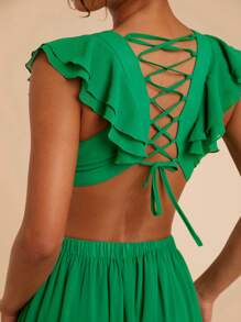 Travachic Solid Color Woven V-Neck Ruffle Hem Dress For Women, Summer Holiday Wear,Vacation Outfits Women,Casual Holiday Beach Vacation Romantic Summer Outfit,Summer Dresses For Women,Beach Outfits For Women,Festival Outfits For Women - Green - View 1