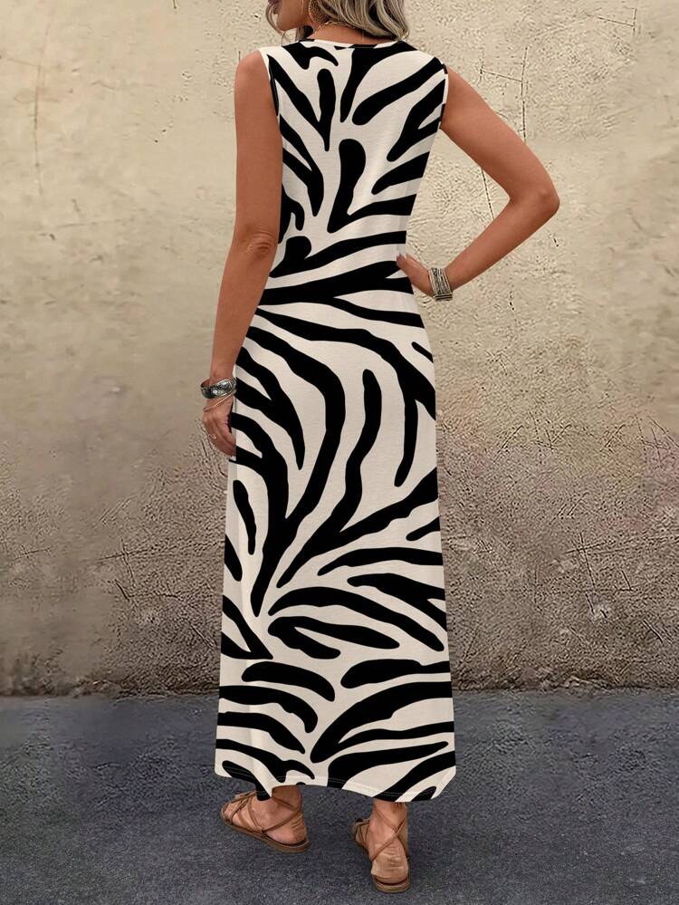 Women's Casual Zebra Print Sleeveless Knitted Maxi Dress With Round Neck And Flared Hem Chic Dress