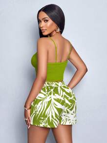 SOLERSUN 女式春夏无袖砖红色花卉印花细肩带扭纹前褶露背上衣和系带前面板短裤两件套梭织西装套装，休闲/度假装 - 綠色 - 查看 2