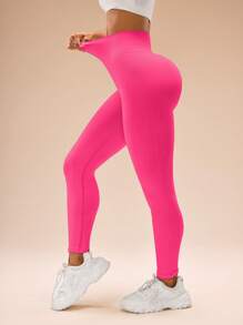 SHEIN Sports Women's Quick Dry Seamless Stretch Breathable Leggings - Hot Pink - View 4