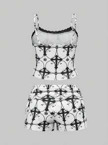 ROMWE Gothic Cross Print Camisole And Shorts Loungewear Set - White - View 2