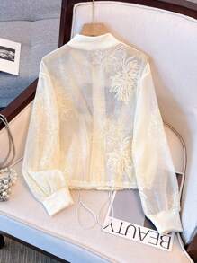 SHEIN LUNE 2025 Autumn New French Fashion Sheer Embroidered Lightweight Cardigan, Casual Loose Short Bomber Jacket, Suitable For Commuting, Vacation, Dating, Outing, Holiday, Garden, Family Gathering, Labor Day, Festivals, Independence Day, Back To School, Teacher's Outfit, Halloween, Thanksgiving
