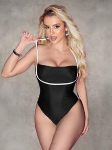 SHEIN Swim 1pc White Tummy Control One-Piece Swimsuit With Patchwork Design For Summer Beach Vacation - Brown - View 7