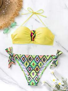 Swim Vcay 女士夏季海滩几何印花吊带性感比基尼套装，聚拢加厚，随机印花 - 彩色 - 查看 6
