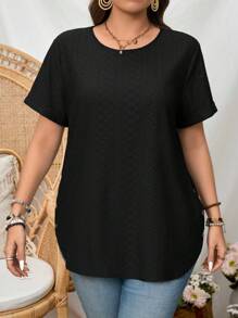SHEIN LUNE Camiseta casual de talla grande de unicolor con cuello redondo y manga corta - Negro - Ver 5