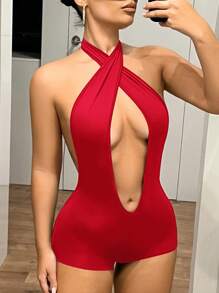 SHEIN ICON Cross Back Deep V-Neck Sexy Bodycon Jumpsuit - Red - View 3