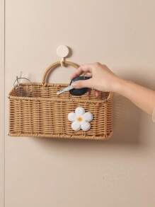 1-Pack Woven Rattan Storage Basket - Farmhouse Style Rustic Picnic & Wedding Decor, Wall-Mounted/Portible Organizer For Kitchen (Onions/Eggs/Snacks), Bathroom, Easter Display, Boho Plant Hanger With Mixed Metal Frame