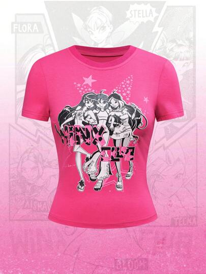 Winx Club X ROMWE Camiseta ajustada de manga corta para mujer con estampado de retrato y diseño de letras Y2K