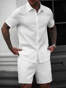 Manfinity CasualCool Men's Solid Color Short Sleeve Shirt And Shorts Set, Casual Men Summer Outfits Men Shirt Co Ords Men Summer Outfits Men Shirt Co Ords Man Clothes Men Shirt Co Ords Sets For Men Men Shirt Co Ords - White - View 1
