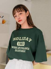 DAZY Letter Graphic Drop Shoulder Tee Summer Oversized T-Shirt Easter - Green - View 2