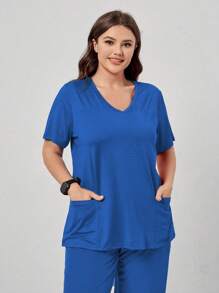 TaskEZ Plus Size V-Neck & Nursing Scrub Uniform Short Sleeve Top, Fashionable For Summer - Blue - View 4