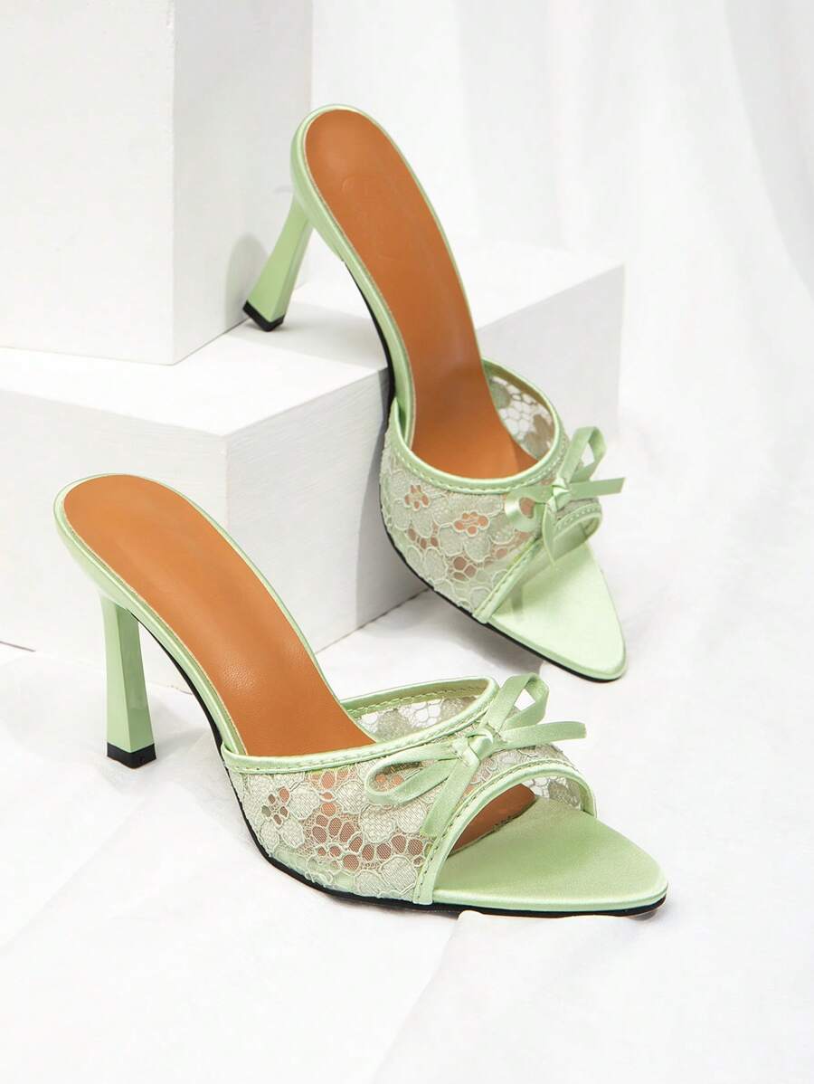 CUCCOO CHICEST New Fashionable & Versatile Rhinestone Bow Strap Thin-Heel High Heel Sandals For Christmas - Green - View 1