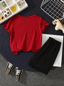 SHEIN Leap Crew 2 Stücke lässiger Jungenoutfit mit coolen Boston, USA Stadt Text Grafik T-Shirt und Shorts Set, geeignet für den Sommer - Bordeaux - Übersicht 3
