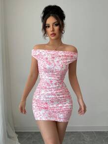 Selianne Vestido mini con volantes, hombros descubiertos, floral rosado, sexy, para mujer, ideal para vacaciones - Rosa - Ver 3
