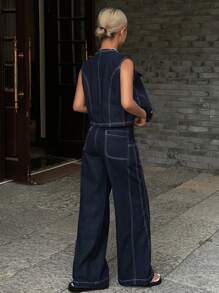 Livesso Women's Single-Breasted Vest And Fringe-Trimmed Waist Jeans Set - Blue - View 6