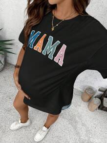 SHEIN 孕妇和哺乳休闲字母印花圆领短袖T恤，夏季 - 黑色 - 查看 3