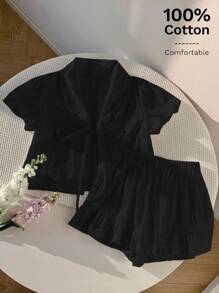 Comfortcana 2 件套大码女式纯色系带前衬衫配短裤，夏季