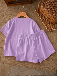 SHEIN Tween Girls' Casual Minimalist Short Sleeve Shorts 2 Pieces Set, Suitable For Summer - Mauve Purple - View 2