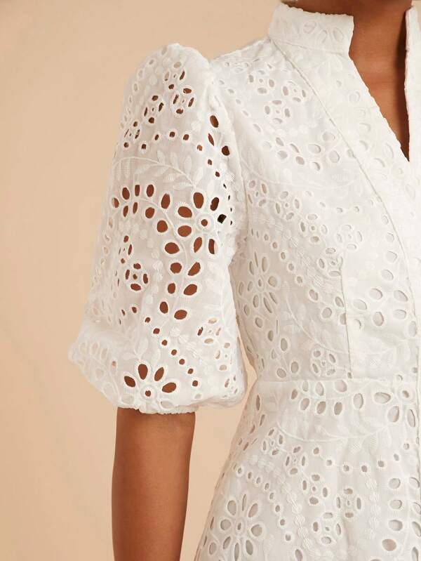 Travachic Women's Solid Color Eyelet Embroidery Collar A-Line High Waisted Dress,Summer Dresses For Women,Summer Outfits,Summer Outfits For Women White Dresses For Women Women Casual Dress Women Short Dresses Summer,Business Casual Woman