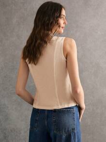 Poéselle Áo ba lỗ không tay màu trơn cài nút phía trước cho nữ, trang phục thường ngày giản dị - Màu be - Xem 2