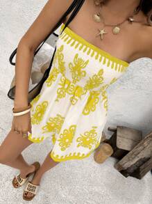 SHEIN VCAY Women's Boho Shirred Strapless Jumpsuit - Yellow Woven Fabric, Short Length, Sleeveless Design, Perfect For Summer - Yellow - View 5