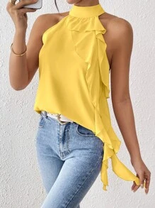 SHEIN Clasi 女士度假纯色拼接荷叶边挂脖衬衫 - 黃色 - 查看 3