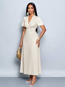 SOLERSUN Women's Solid Color Crossed V-Neck Short Sleeve Dress, Elegant - Apricot - View 7