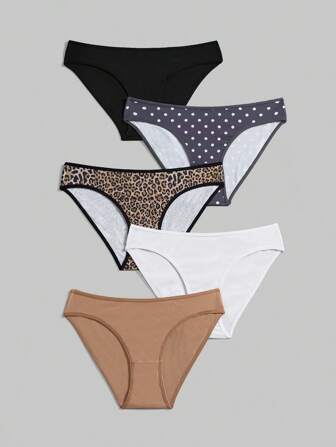 Academia 5 pezzi/Set Slip comodi in maglia a coste a triangolo con stampa leopardata e a pois, stile scolastico