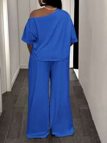 Slaydiva 2pcs/Set Plus Size Women Western Wear, New Arrival,Easter, Casual Streetwear, Gyaru Style, Solid Color Hollow Out Distressed Short Sleeve Top And Pants - Blue - View 2