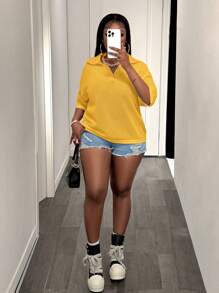 Slaydiva Plus Size Women Loose Solid Beige V-Neck Drop Shoulder Openwork Knitted Casual Vacation Shirt Top, Spring/Summer - Yellow - View 7