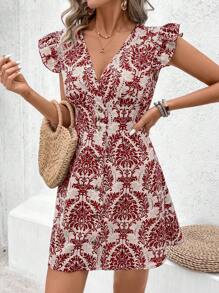 SHEIN Frenchy Vestido corto bohemio para mujer: Vestido mini rojo de escote en V tejido con mangas cortas y detalles de abotonadura - Rojo - Ver 4