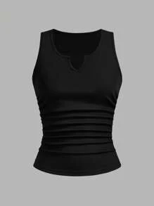 Slaydiva 3pcs/Set Women Casual Deep Notched Neck Ruched Fitted Camisole Set, Suitable For Summer