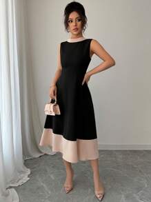 Elenzga 优雅时尚女士无袖 V 领露背拼接下摆休闲通勤度假 A 字连衣裙 - 黑色 - 查看 4