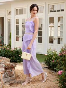 SHEIN LUNE Women 2pcs Set Chiffon Cami Top With Frill Trim & Slit Design, Casual Elegant - Purple - View 4