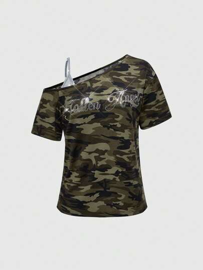 Grunge Punk Y2K Punk Camouflage mit heißem Diamant asymmetrischem Ausschnitt, weites Damen T-Shirt