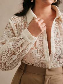 Anewsta New Fashion Women Elegant White Hollow Cashmere Embroidered Jacquard Blouse, Suitable For Spring, Festivals, Holidays, Business Casual, Elegant - Apricot - View 1