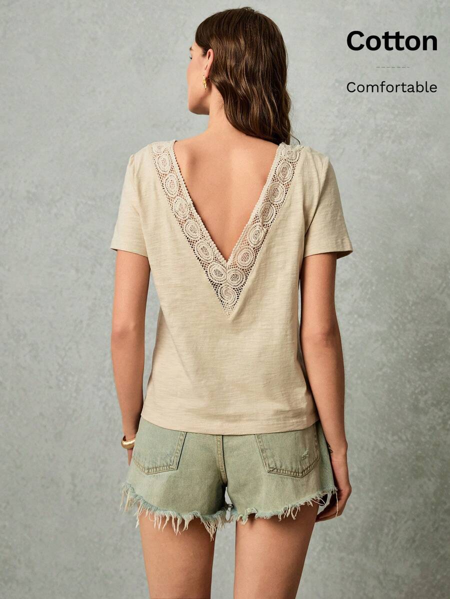 Poéselle Summer Wedding Season Backless Lace Splicing Top, T-Shirt, Must-Have, Summer Suit, Wedding Season Must-Have, French Style