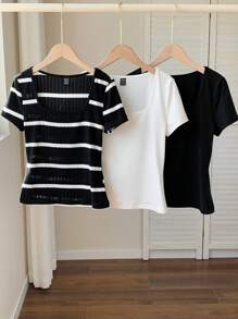 Comfortcana Set 3 Potong Kaos Lengan Pendek Kerah Bulat Hitam & Putih Dasar untuk Wanita - Hitam - View 5