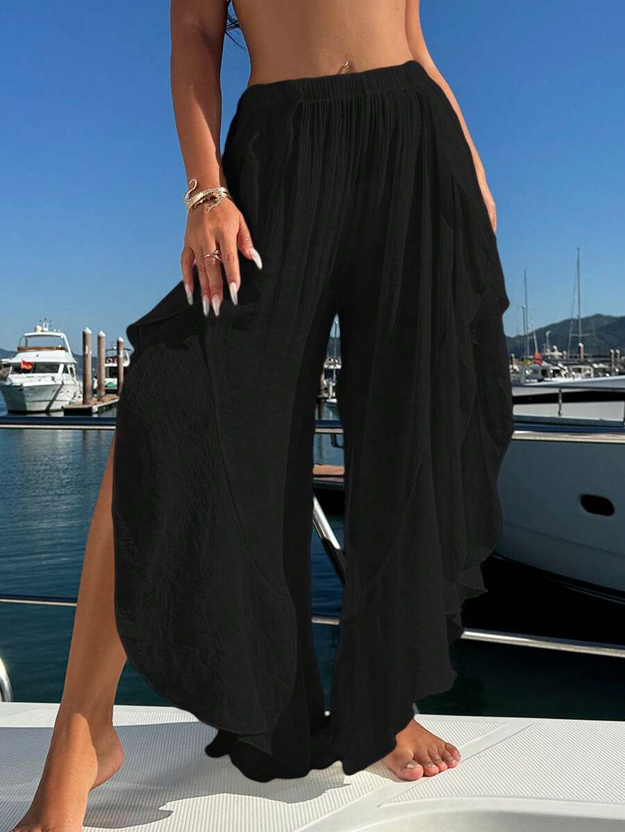 Swim Vcay Summer Outfits For Women 1pc Solid Color Ruffle Trim Sheer Beach Cover Up Pants Summer
