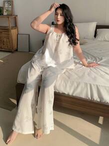 Dazy Plus Plus Size All-Over Floral Print Loose Camisole Top And Pants Home Pajama Set, Back To School Clothes