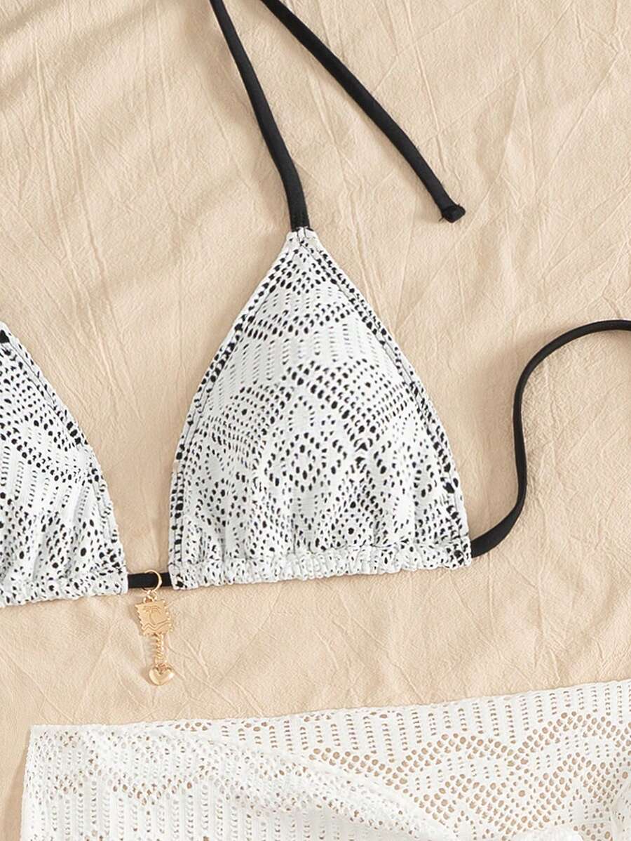 SHEIN Summer Beach Vacation Women Mesh Floral Halter Triangular Pouch + Lattice Coconut Tree Pendant Side Drawstring Mesh Skirt Set - Black and White - View 1