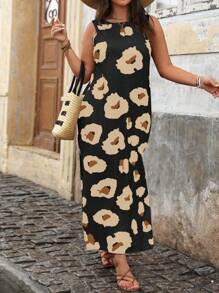 EMERY ROSE Plus Leopard Print Split Thigh Dress For Summer Vacation Maxi Women Outfit - Black - View 3