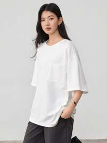 Dazy-Less T-shirt ample et décontracté pour femme, style minimaliste avec grande poche, manches courtes, t-shirt oversize pour l'été - Blanc - Voir 6