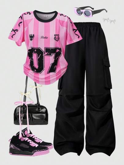 SHEIN 2pcs/Set Teenage Girl Graphic Number & Letter Print Bowknot Basketball Jersey T-Shirt Top And Black Cargo Pocket Pants Casual Street Outfit