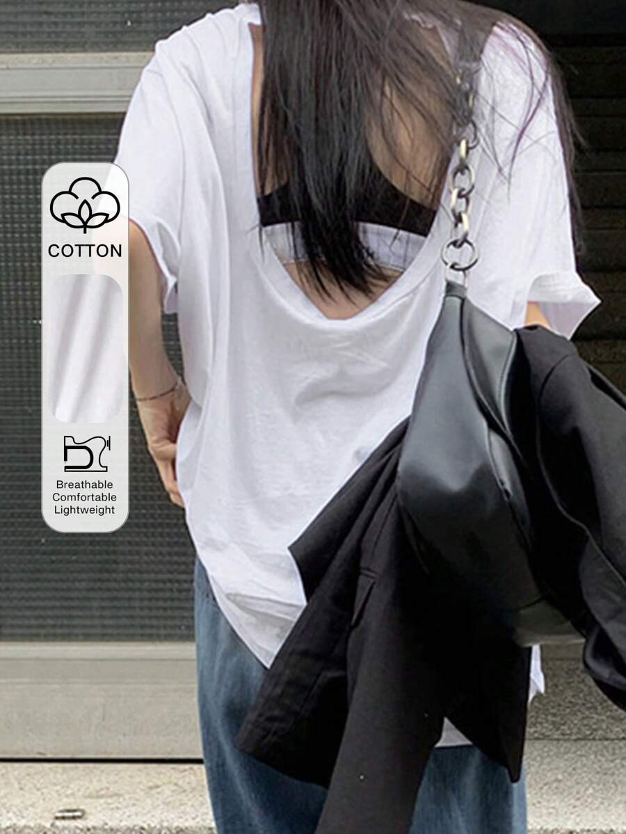 DAZY Camiseta holgada con hombros caídos y espalda recortada, estilo preppy - Blanco - Ver 1