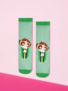 THE POWERPUFF GIRLS X SHEIN 1双女式可爱毛茛图案撞色中筒袜 - 綠色 - 查看 2