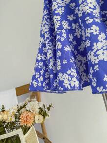 Soleia Allover Floral Print Ruffle Trim Romper - Blue and White - View 6